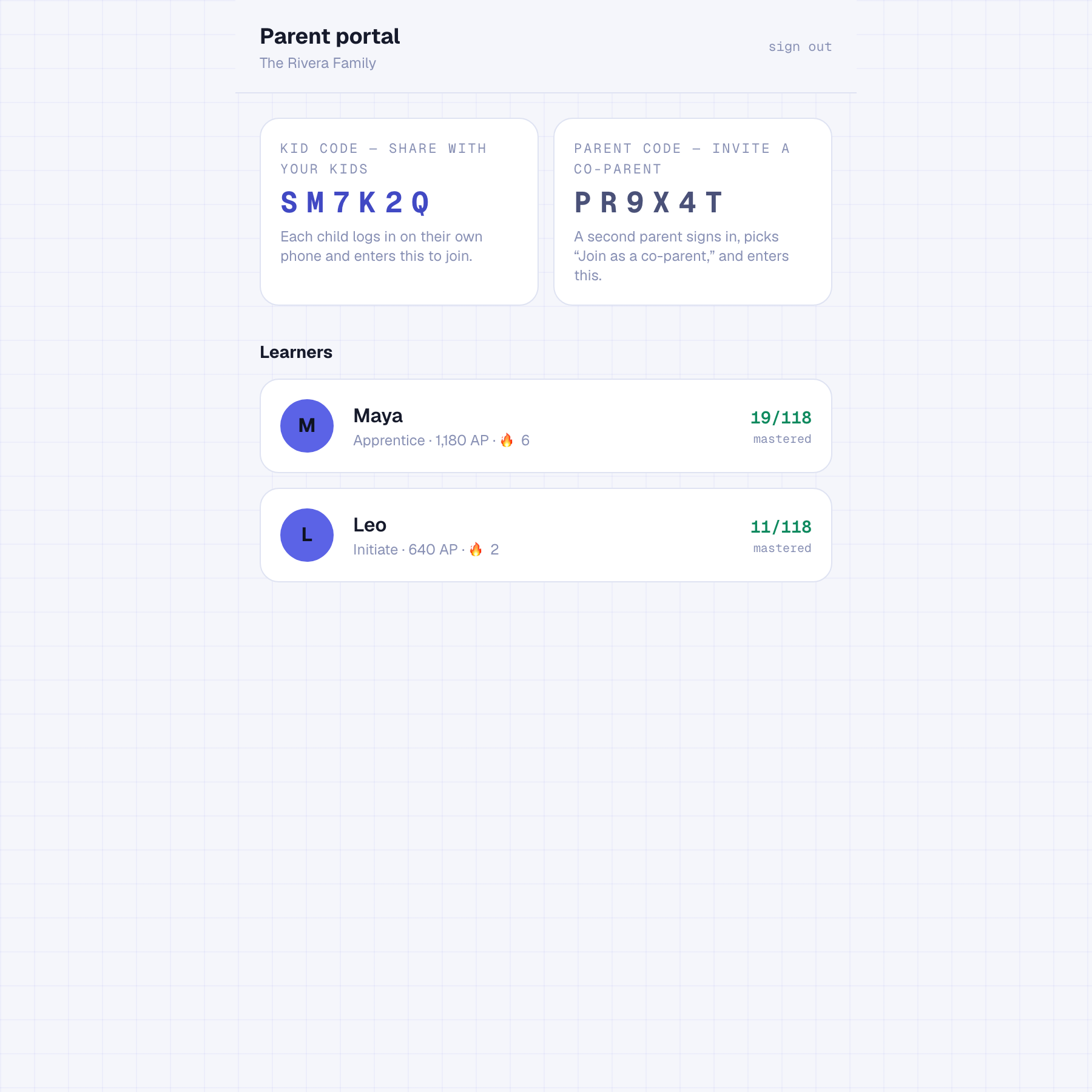The parent portal showing two learners